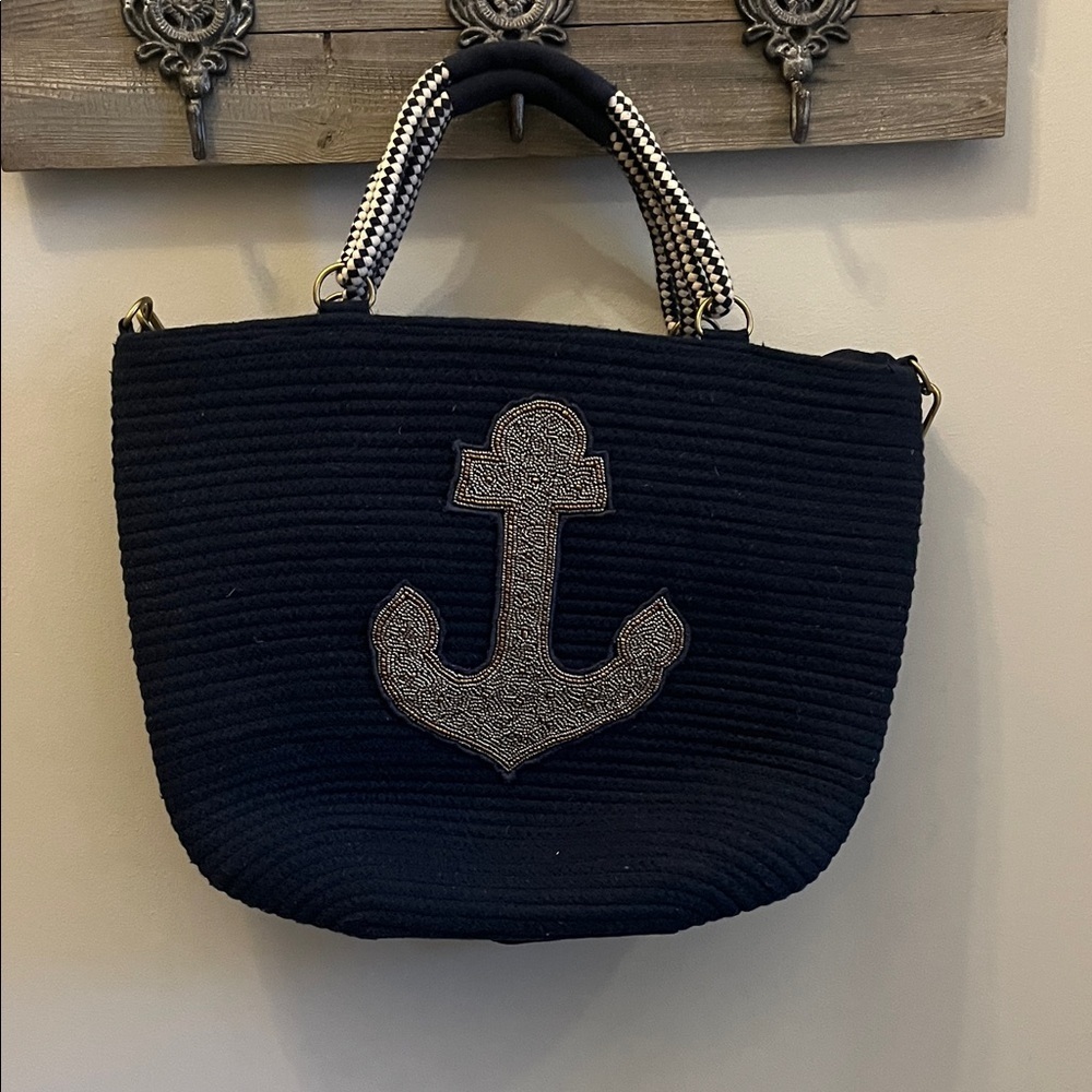 America & Beyond Navy Anchor Tote Bag Beaded Rope Handles Crossbody Strap